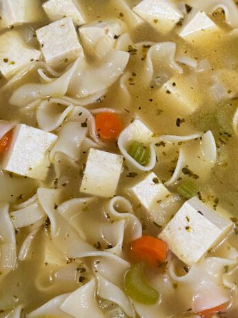 Image of soup with noodles, carrots, and tofu cubes.