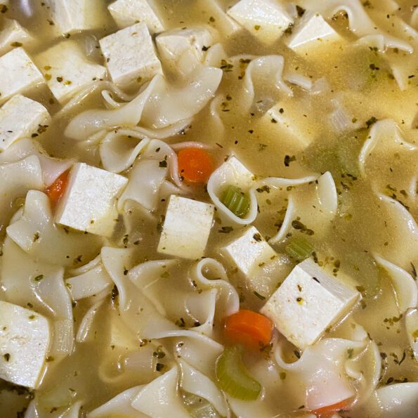 Image of soup with noodles, carrots, and tofu cubes.